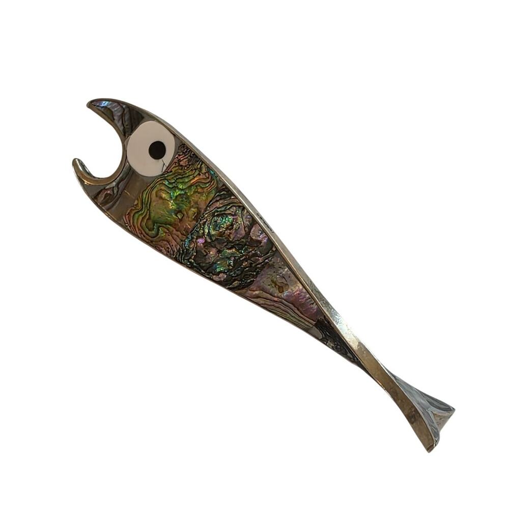 Vintage Abalone Fish Bottle Opener Alpaca Silver Frame Mid Century Modern Mexico